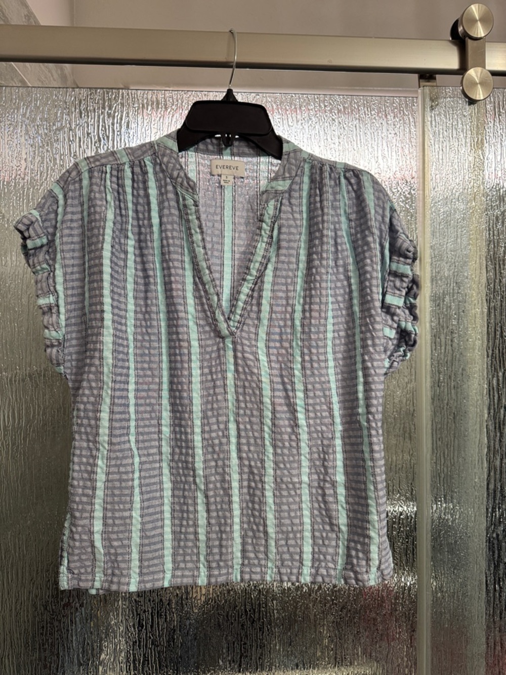 Evereve Striped V-Neck Blouse in Mint and Gray